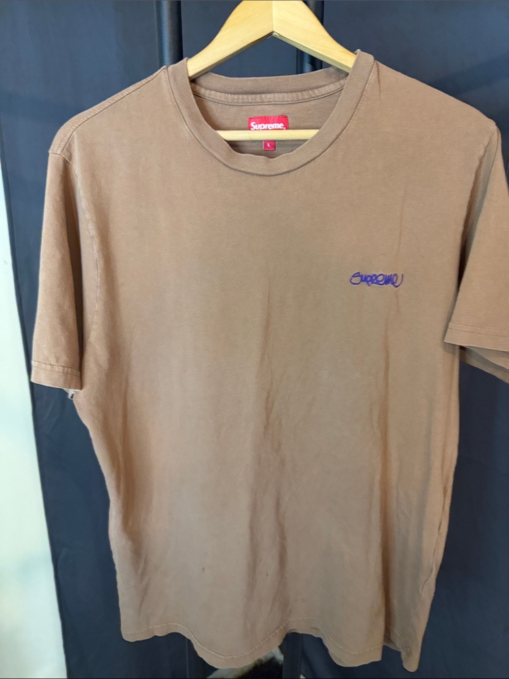 Supreme Brown Short Sleeve Tee with Purple Script Logo